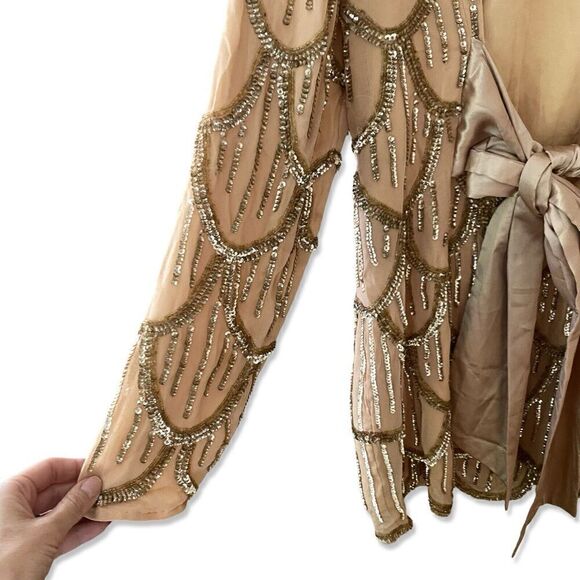 NBD Tristan Sequin Mini Dress Gold Nude Bow Back Revolve NWT $368 SZ L - Picture 10 of 16